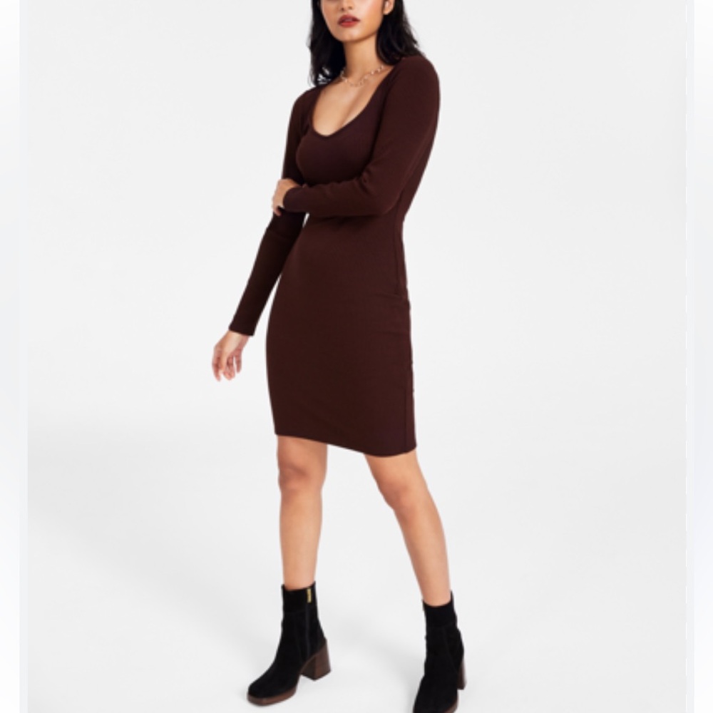 BAR III Women's Brown Ribbed Long Sleeve Mini Dress